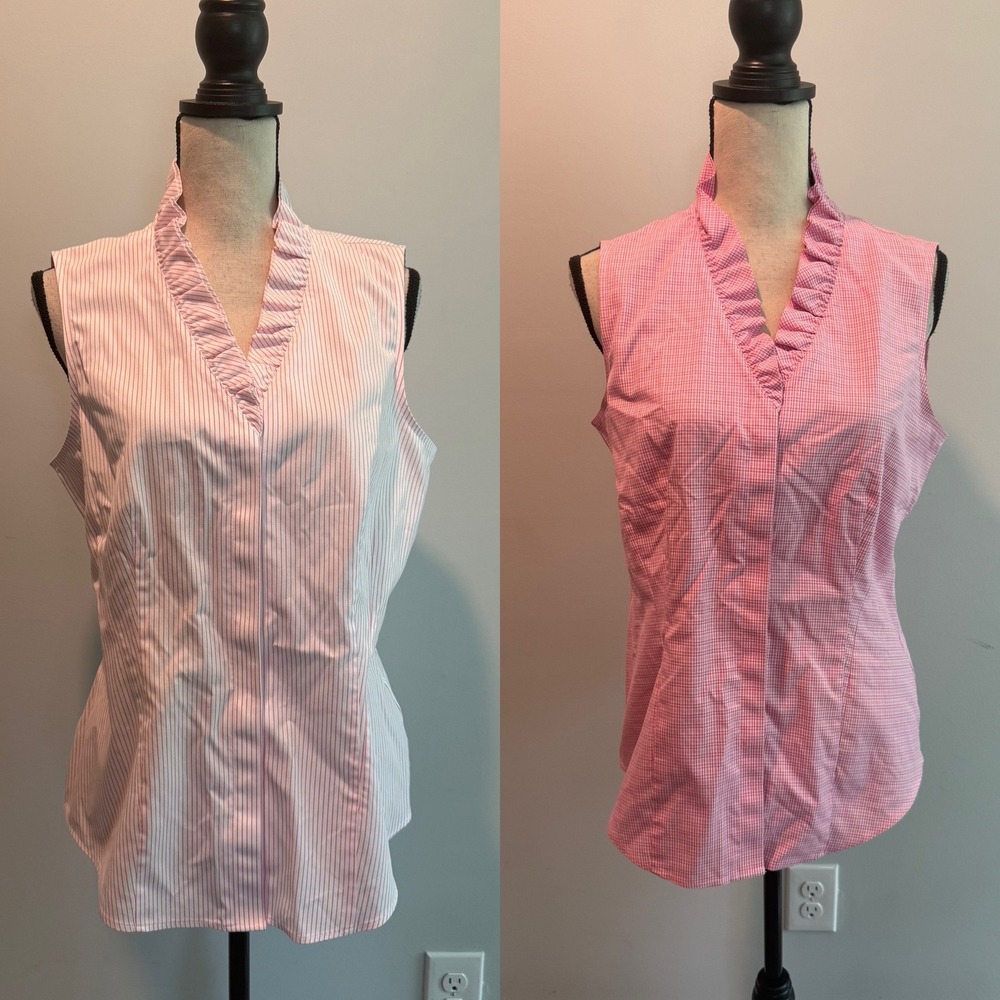 Brooks Brothers Lot of 2 Pink White Ruffle Neck Tops Gingham Stripe size 10